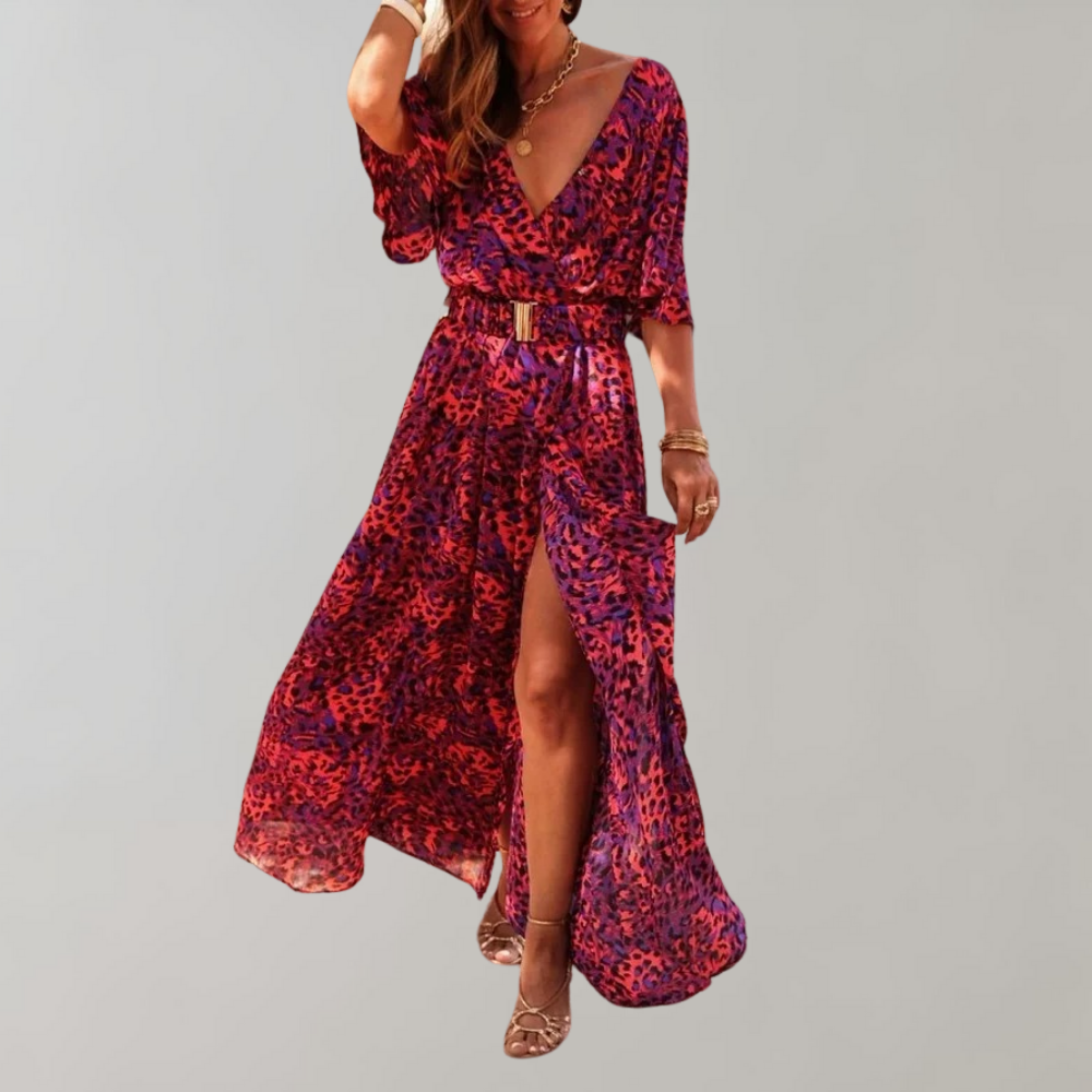 Chia – maxi-jurk met V-hals en striklint