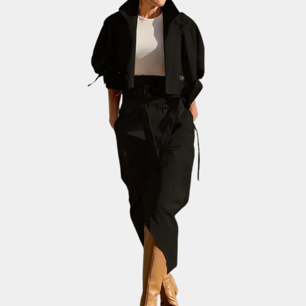 Katriona – trenchcoat set met rok en contrasterende details