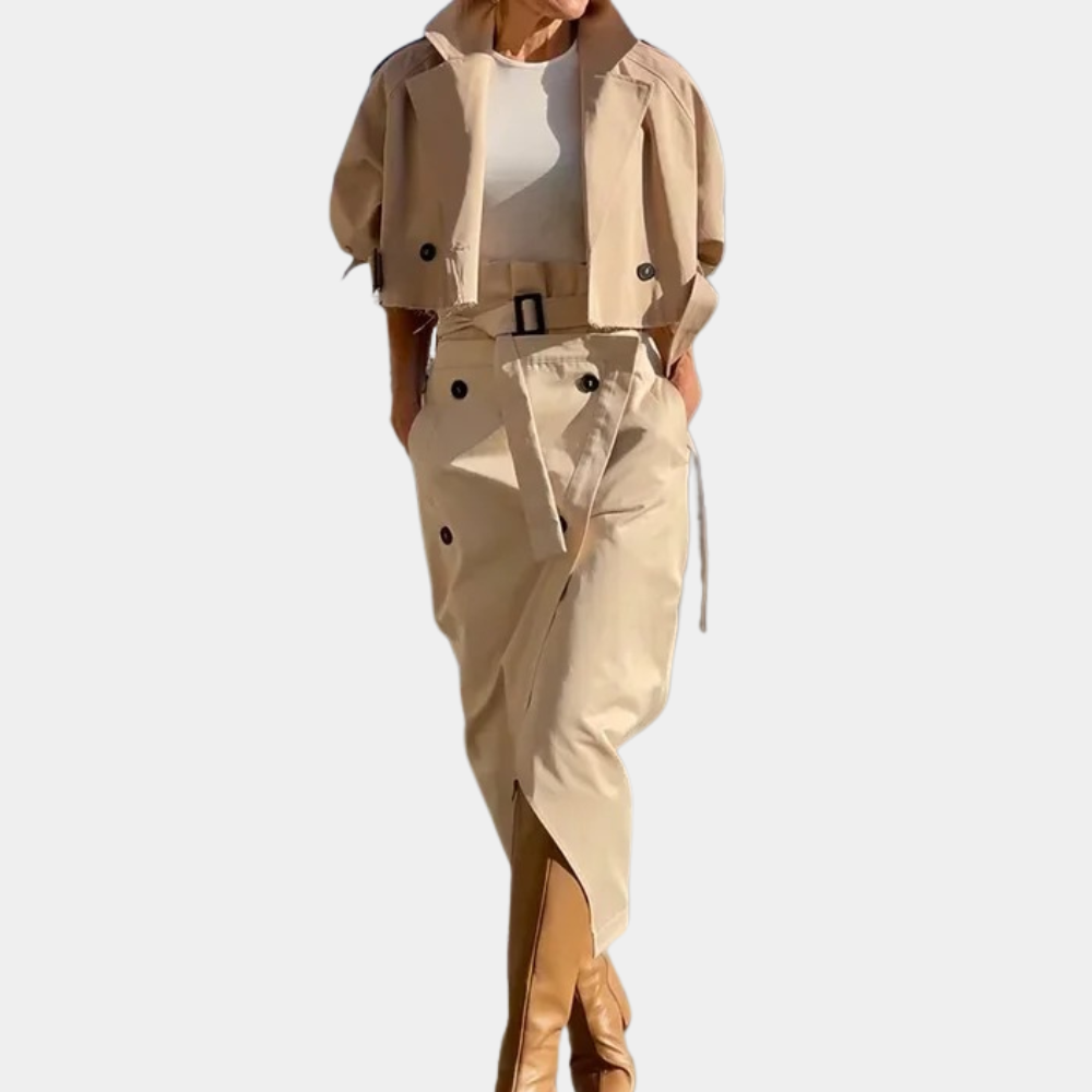 Katriona – trenchcoat set met rok en contrasterende details