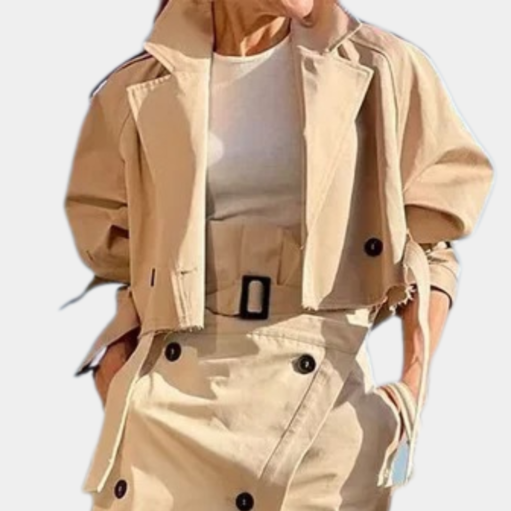 Katriona – trenchcoat set met rok en contrasterende details