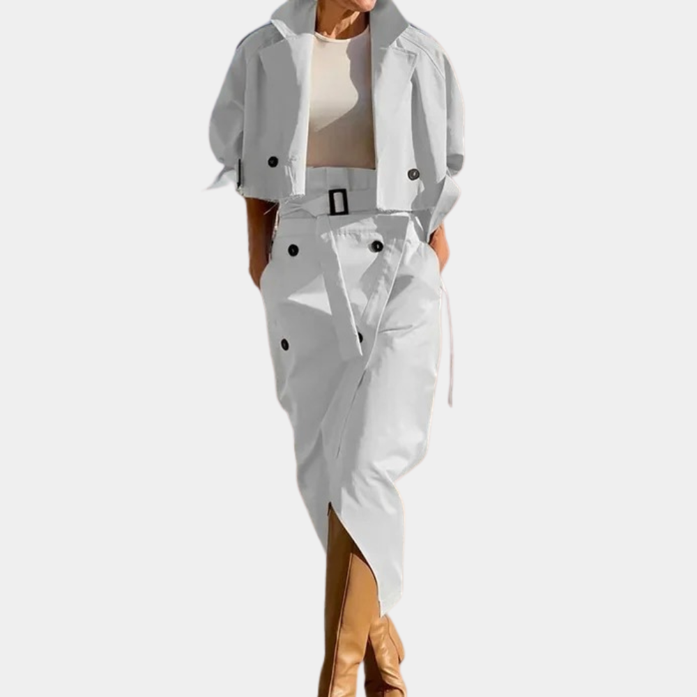 Katriona – trenchcoat set met rok en contrasterende details