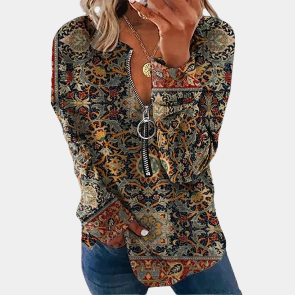 Bonnie – Oversized gebreide trui met vintageprint en gedropte schouders