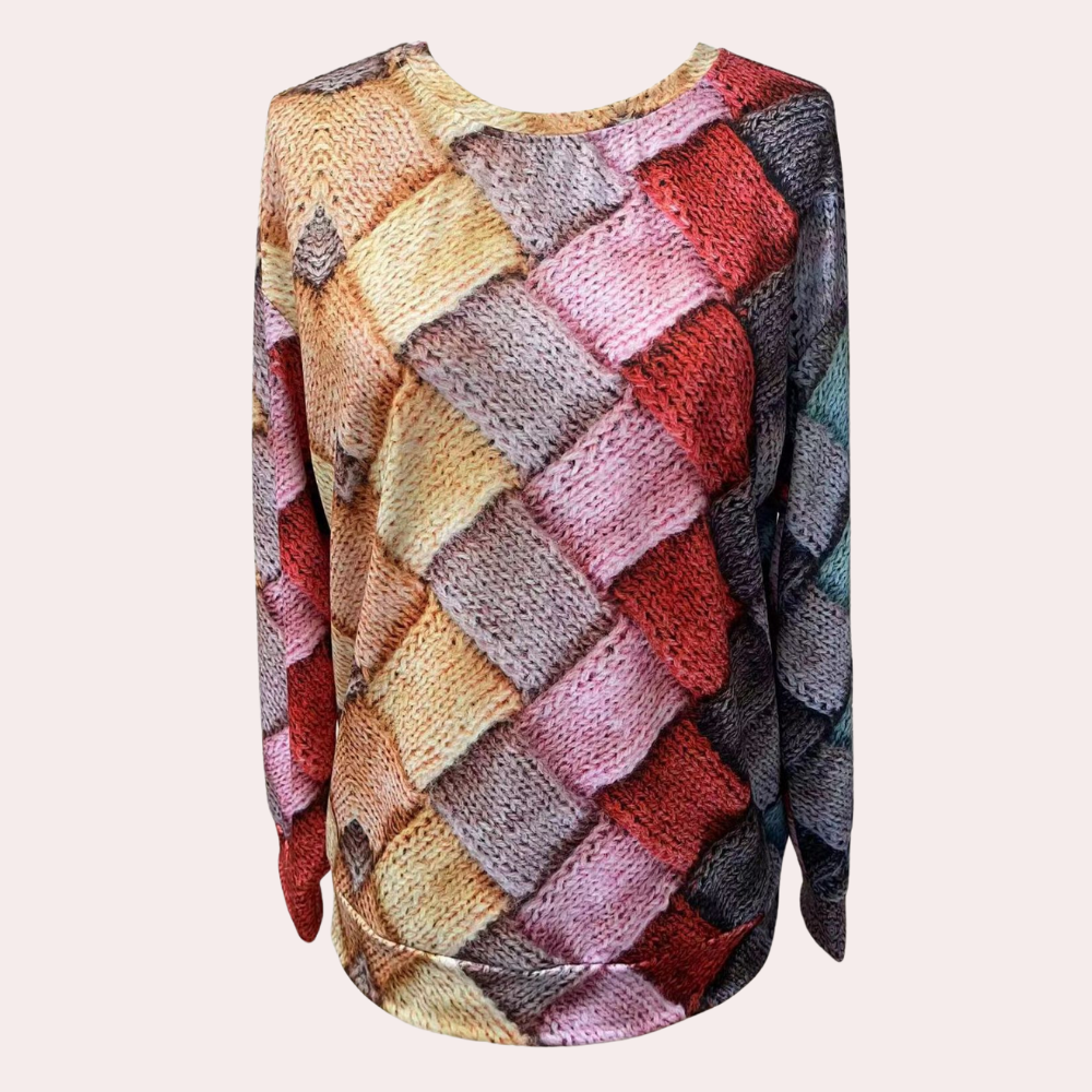 Mila – Kleurrijke gebreide damestrui met print