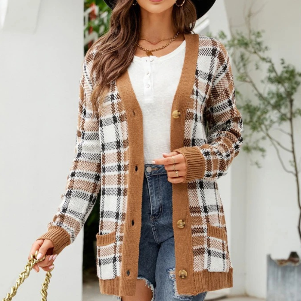 Judith – geruit cardigan vest met v-hals en knopen