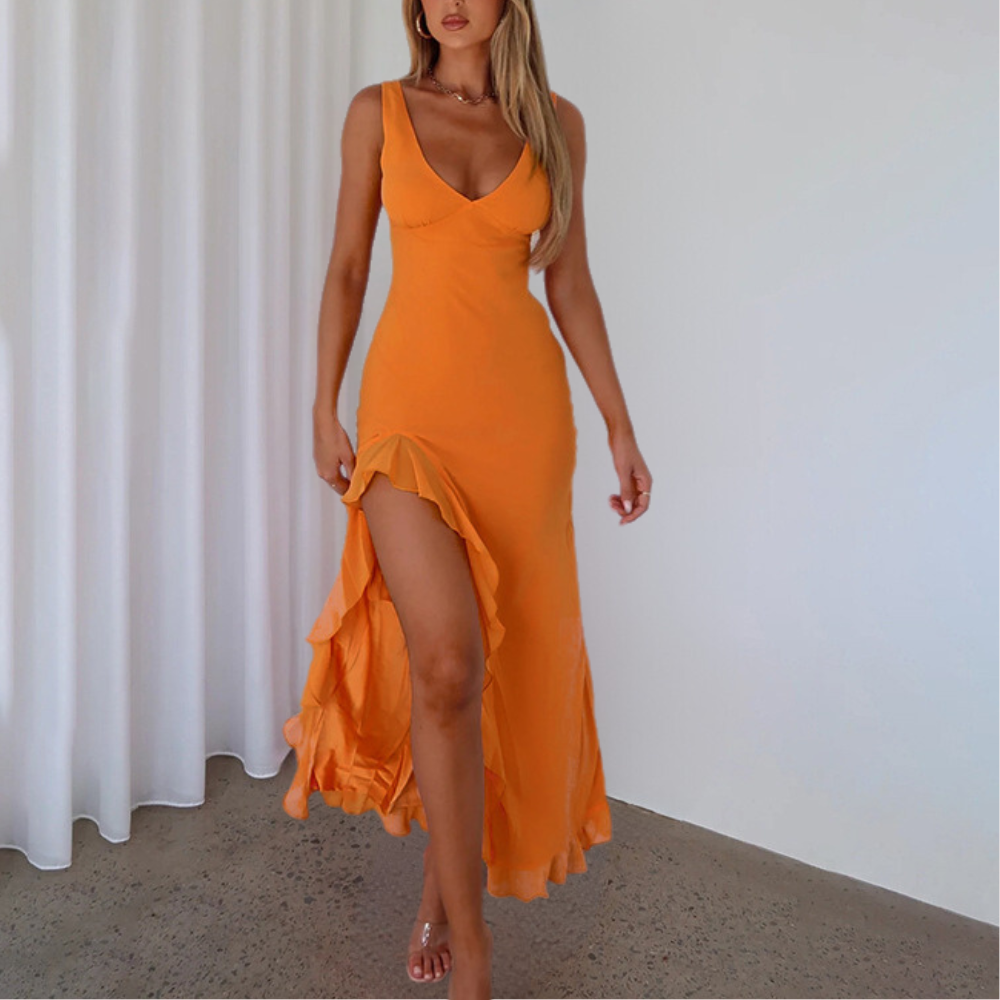 Paige – mouwloze maxi-jurk van chiffon met V-hals en asymmetrische split