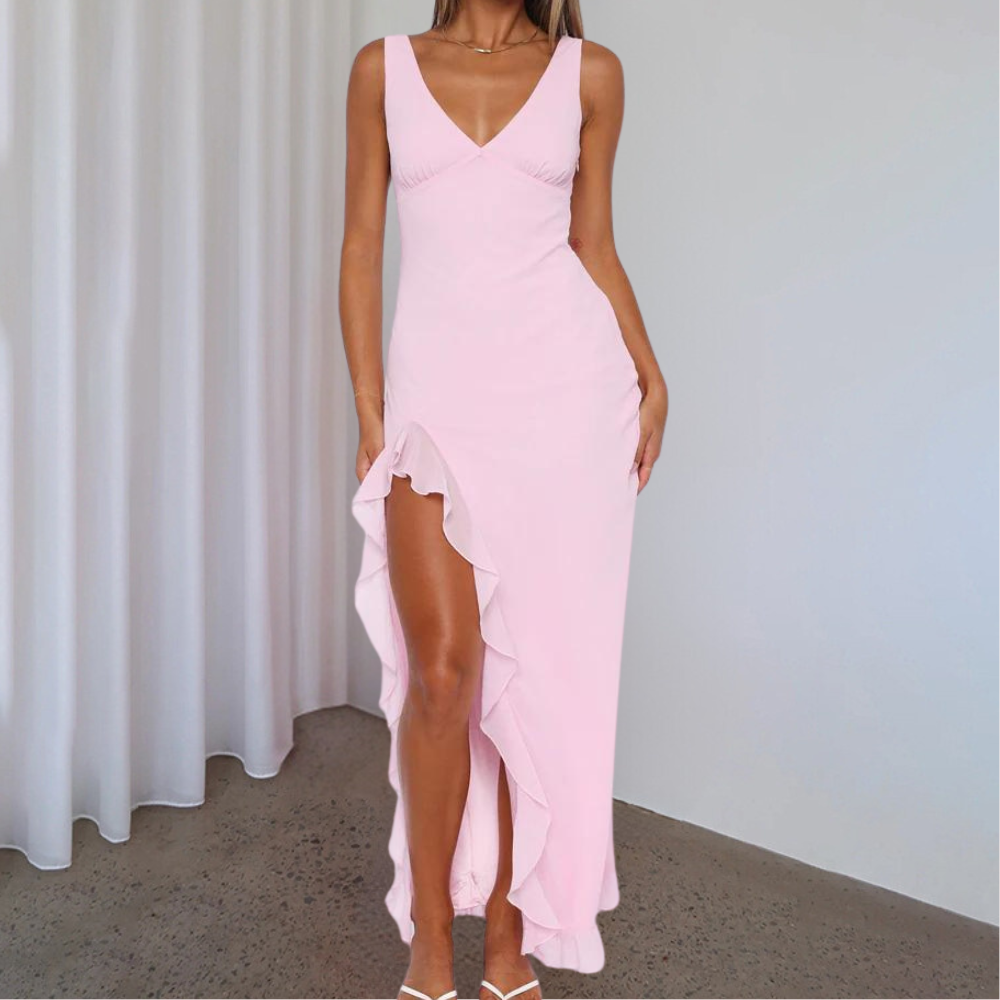 Paige – mouwloze maxi-jurk van chiffon met V-hals en asymmetrische split
