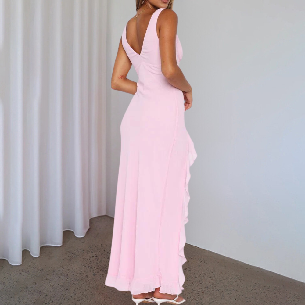 Paige – mouwloze maxi-jurk van chiffon met V-hals en asymmetrische split
