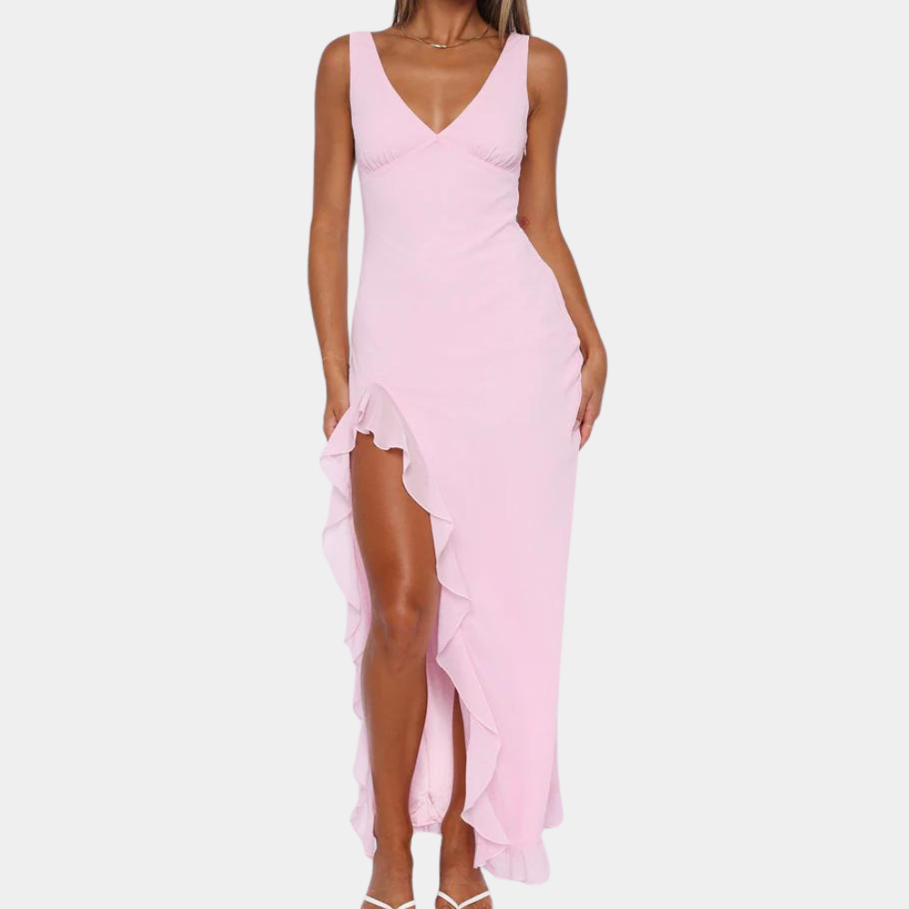 Paige – mouwloze maxi-jurk van chiffon met V-hals en asymmetrische split