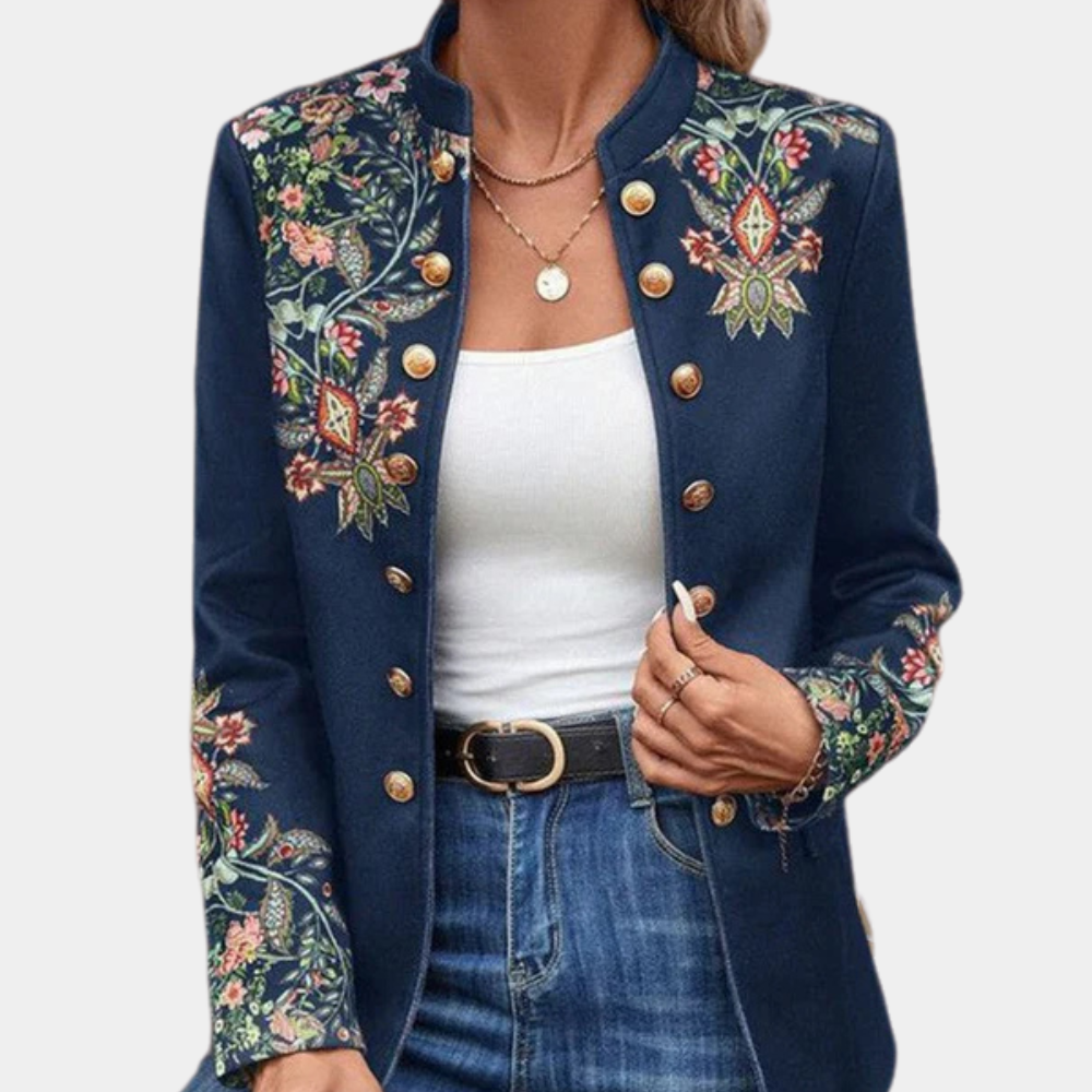 Iona – kraagloze blazer met bloemenprint en lange mouwen