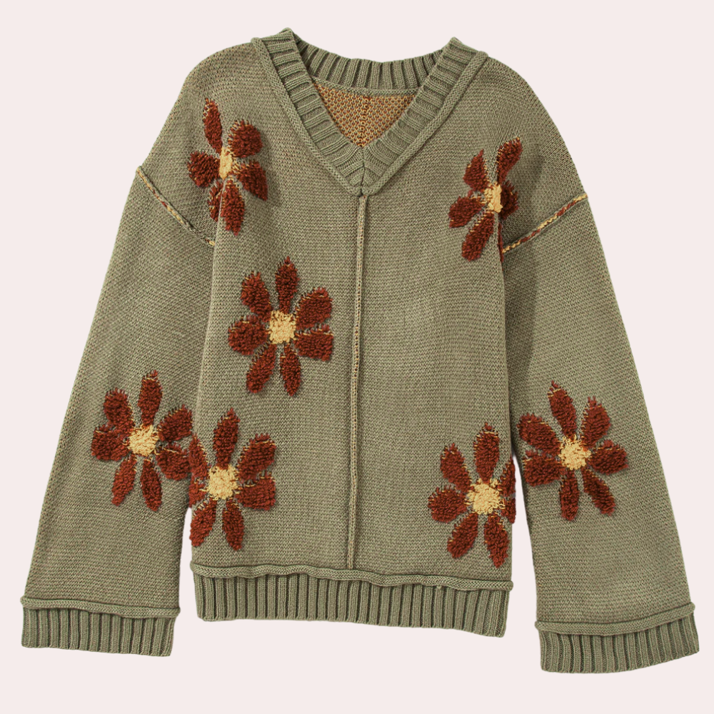 Lina – gebreid cardigan vest met bloemenpatroon en V-hals