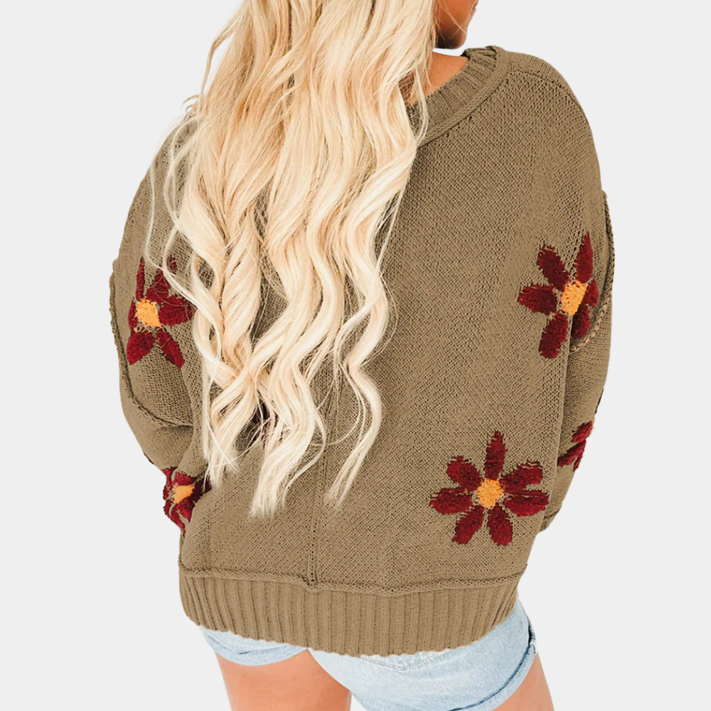 Lina – gebreid cardigan vest met bloemenpatroon en V-hals