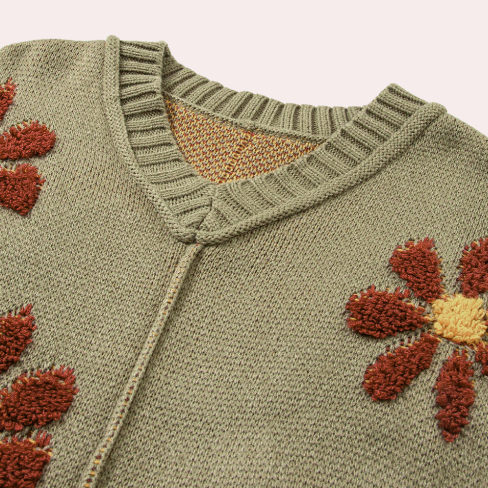Lina – gebreid cardigan vest met bloemenpatroon en V-hals