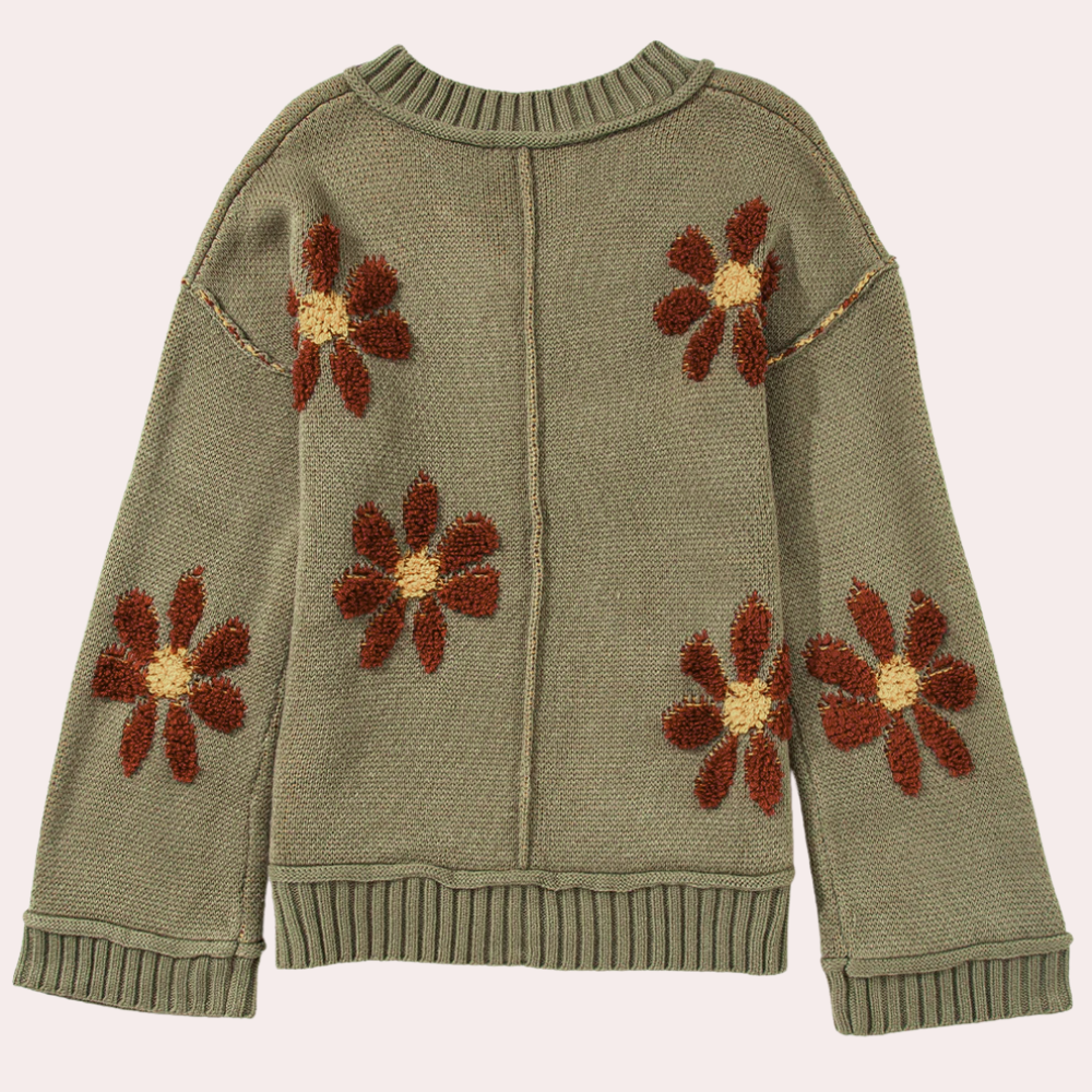 Lina – gebreid cardigan vest met bloemenpatroon en V-hals