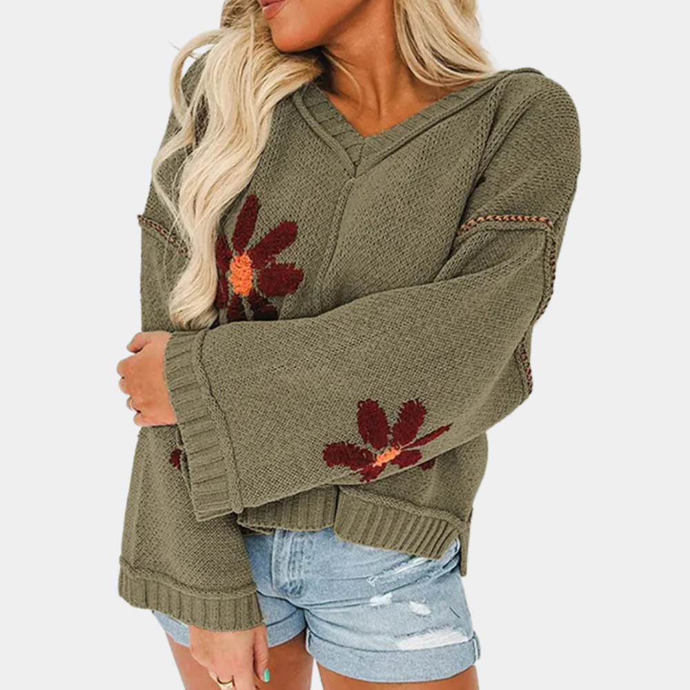 Lina – gebreid cardigan vest met bloemenpatroon en V-hals