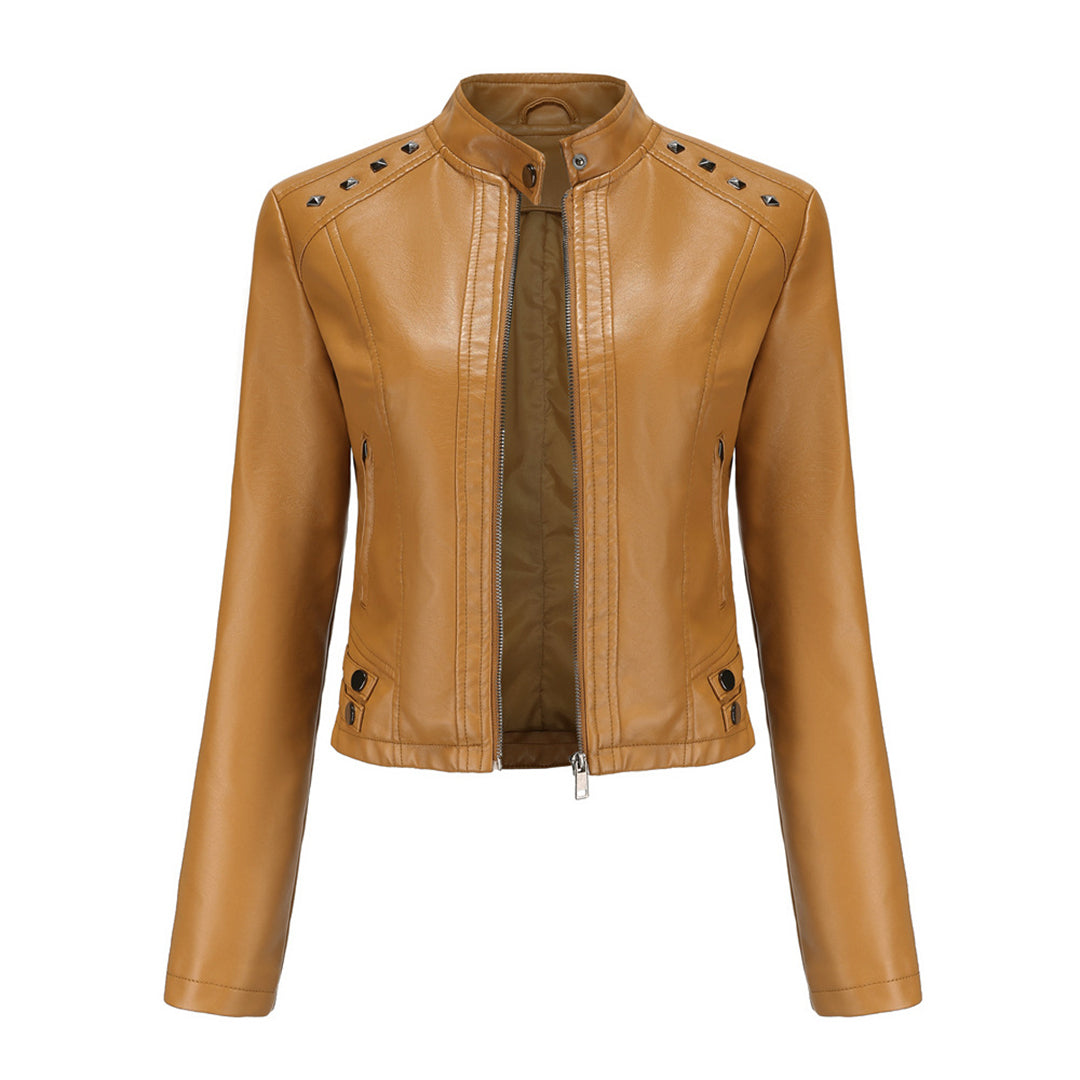 Najla – leren damesjas met opstaande kraag en decoratieve ritsdetails