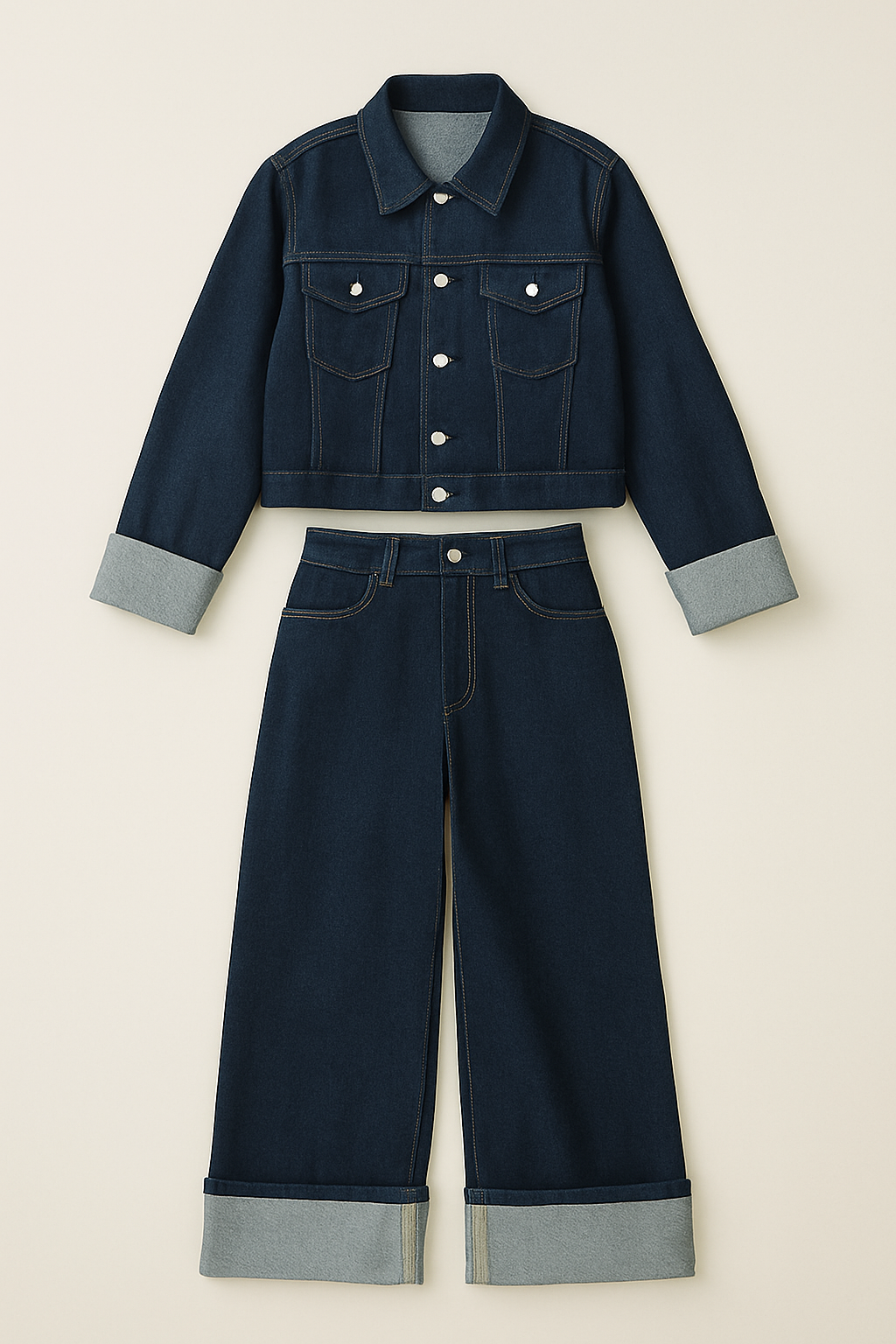 Sapphire - Denim Set Met Wide-Leg Broek En Cropped Jack