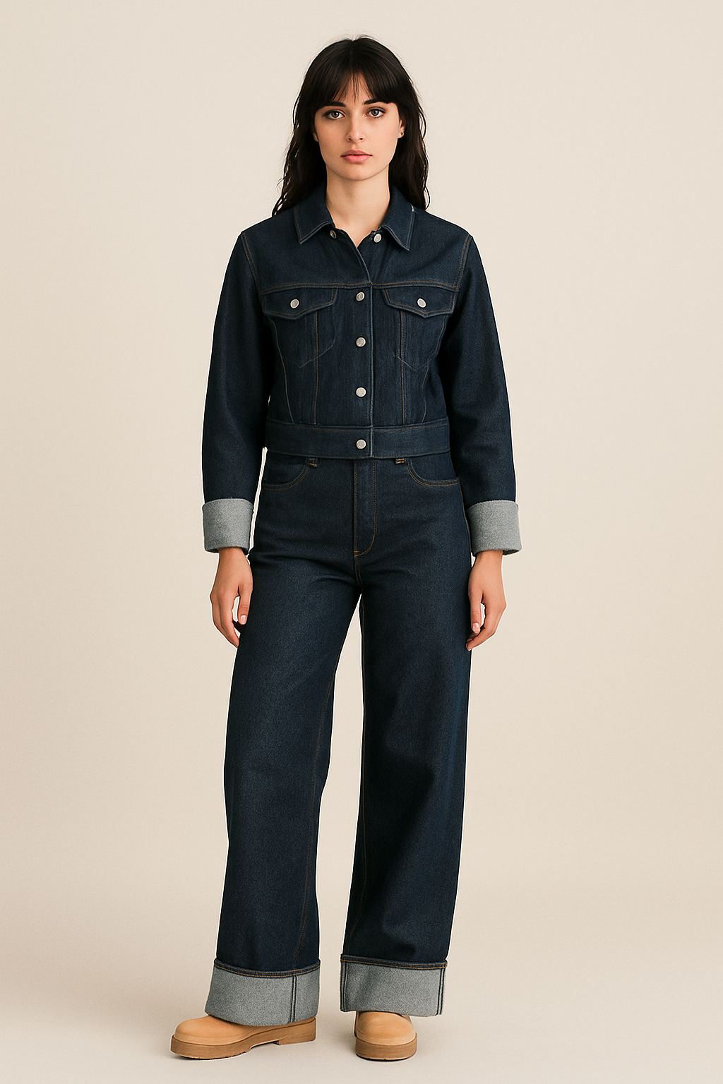 Sapphire - Denim Set Met Wide-Leg Broek En Cropped Jack
