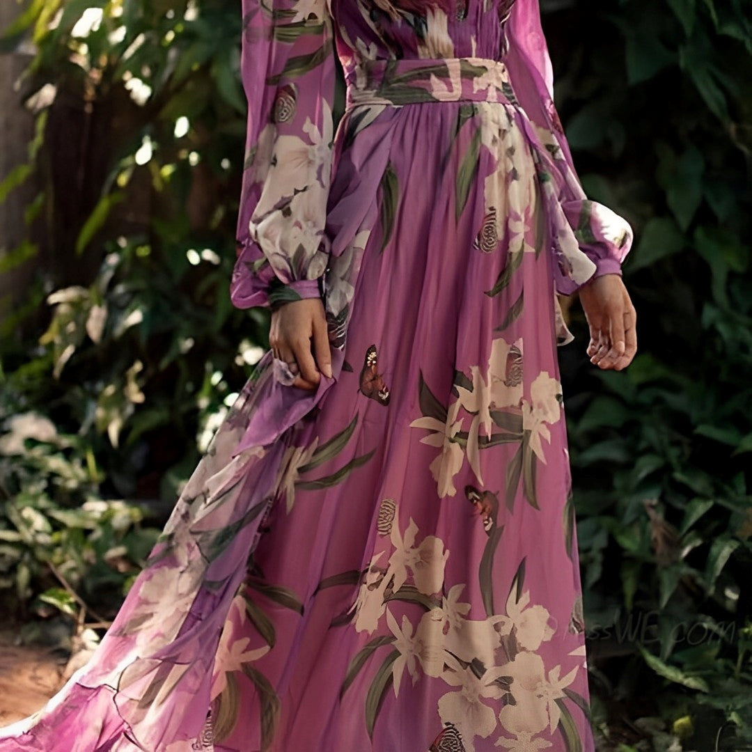 Elena – Paarse Boho Chiffon Jurk Met Bloemenprint En V-hals