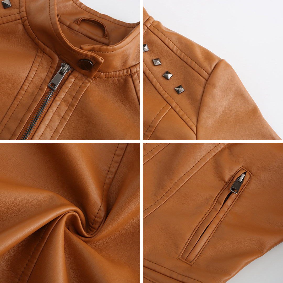 Najla – leren damesjas met opstaande kraag en decoratieve ritsdetails
