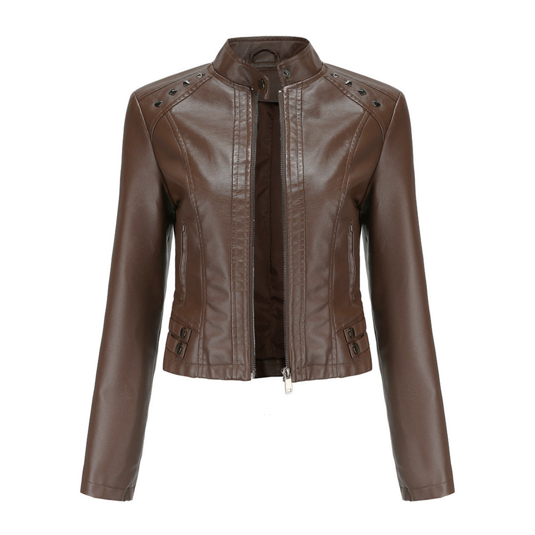 Najla – leren damesjas met opstaande kraag en decoratieve ritsdetails