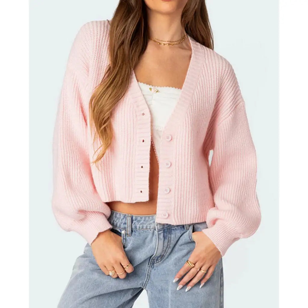 Lynn – gebreid cardigan vest met lanternmouwen en knoopsluiting