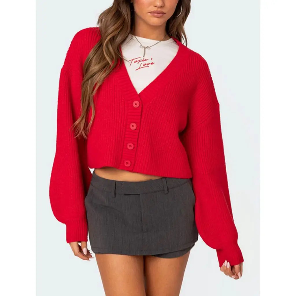 Lynn – gebreid cardigan vest met lanternmouwen en knoopsluiting