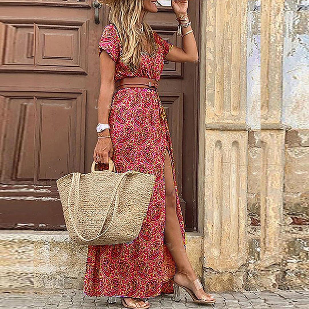 Lena - Maxi Boho Print Maxi Zomerjurk Met V-hals
