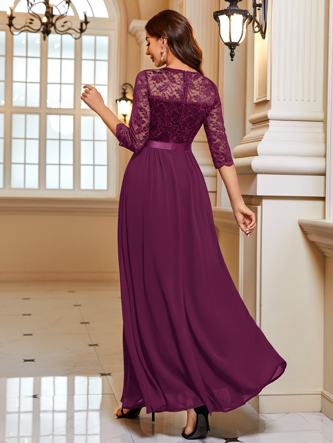 Isabelle – Chiffon Maxi-jurk Met Kanten Details En Driekwart Mouwen