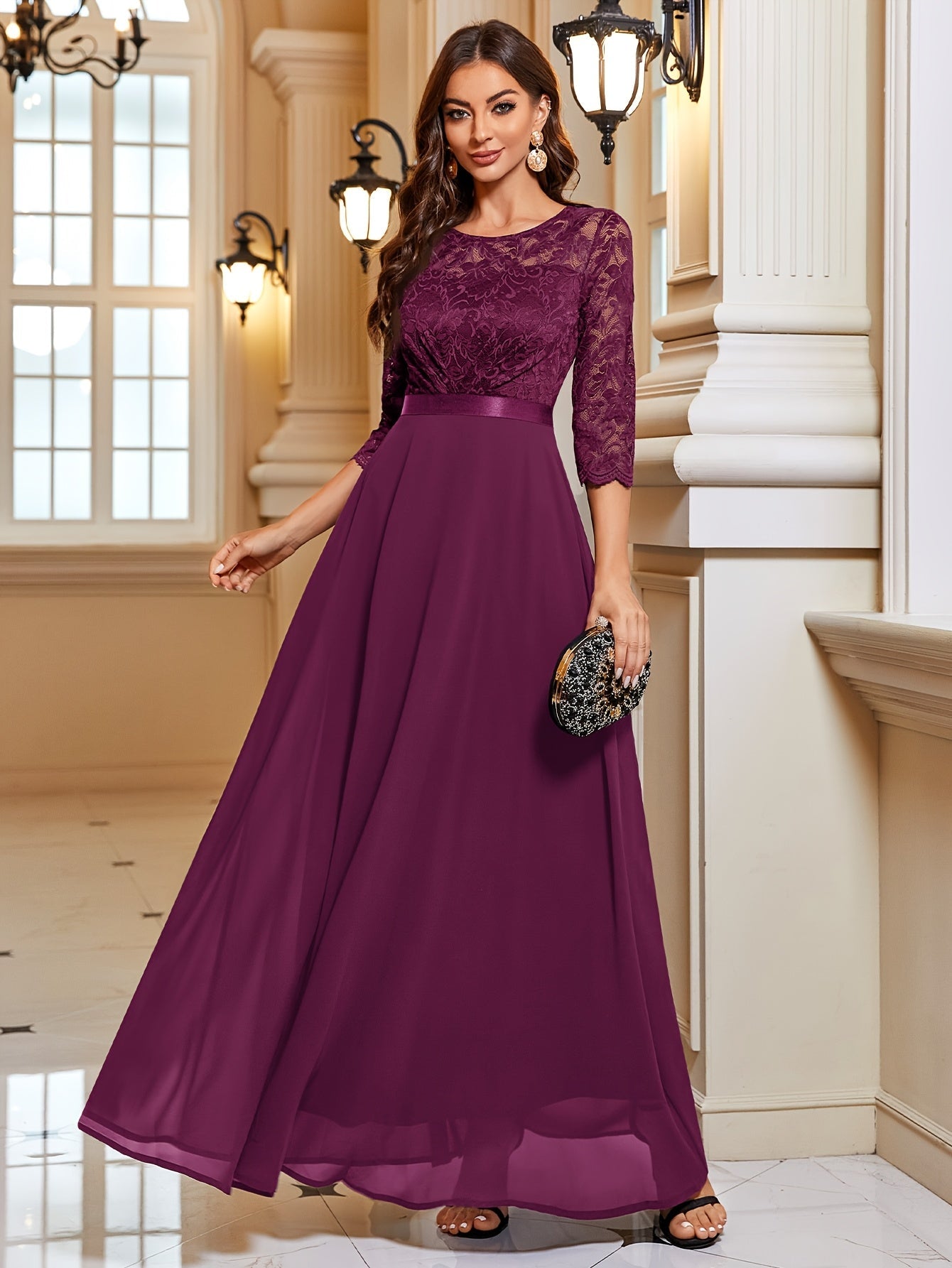 Isabelle – Chiffon Maxi-jurk Met Kanten Details En Driekwart Mouwen