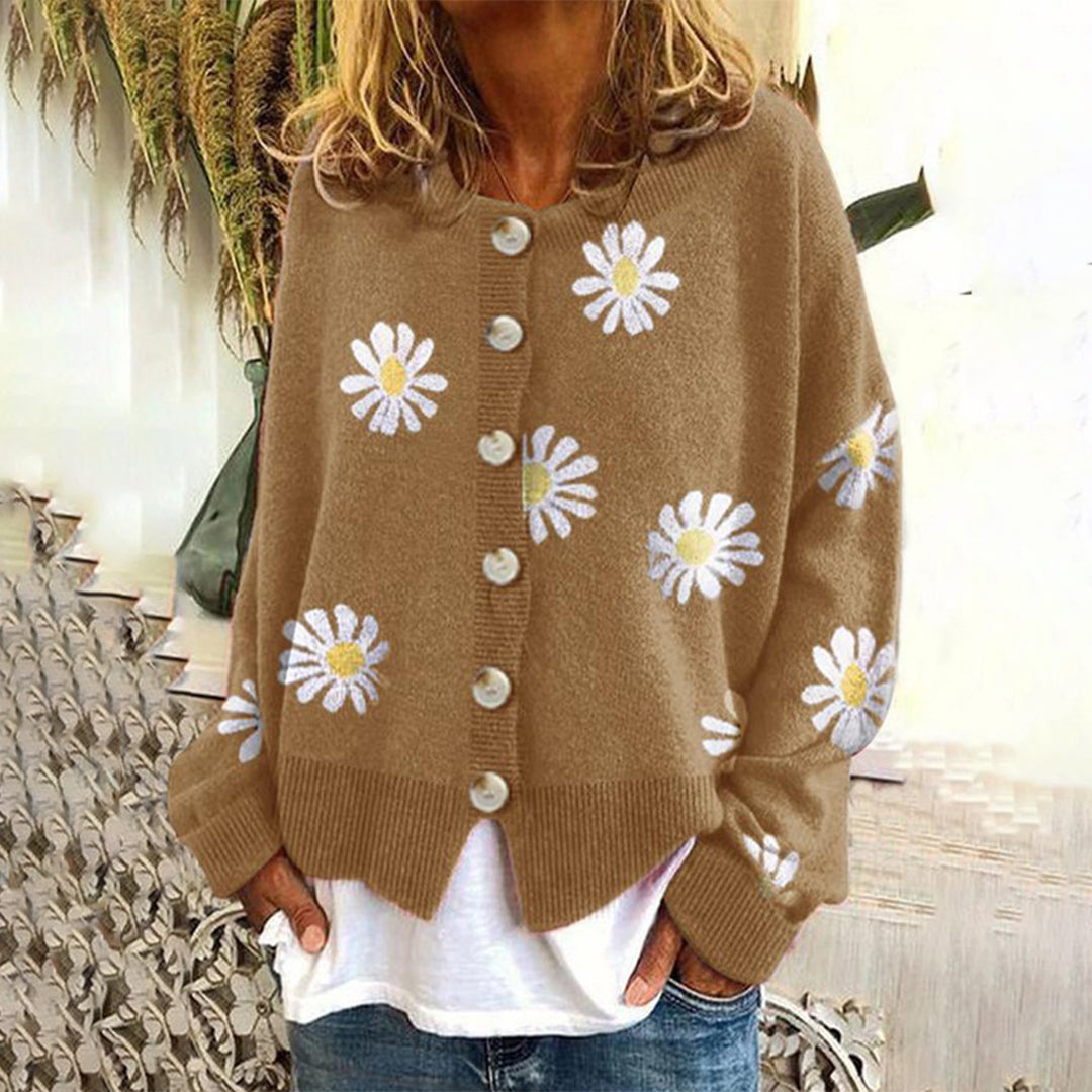 Enya – gebreide cardigan vest met bloemenpatroon en knopen