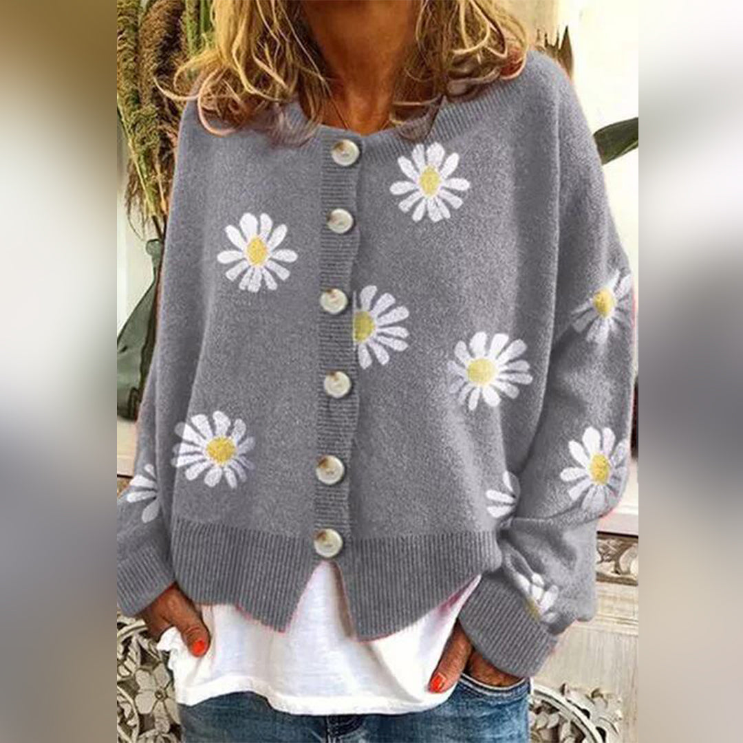 Enya – gebreide cardigan vest met bloemenpatroon en knopen