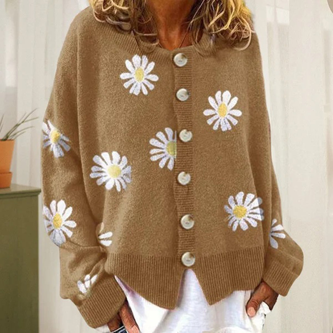 Enya – gebreide cardigan vest met bloemenpatroon en knopen