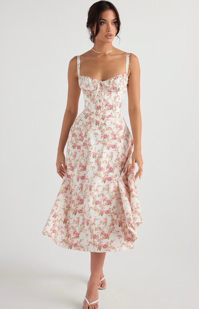 Isabella – Midi Zomerjurk Met Corset Top En Split In A-lijn
