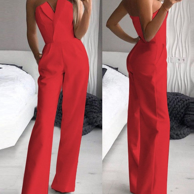 Lynn – Zwarte strapless jumpsuit met wijde pijpen en asymmetrisch bustdetail