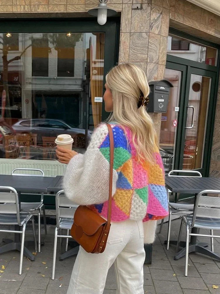 Jade - Kleurrijk Oversized Gehaakt Vest met Pofmouwen