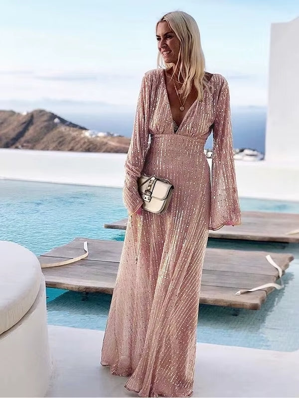 Amelie – Zomer maxi jurk met diepe V-hals en luxueuze flared mouwen