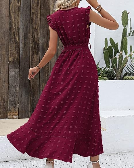 Elena – V-hals Maxi zomer jurk met ruches en strikceintuur in de taille