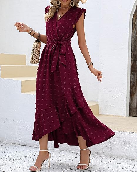 Elena – V-hals Maxi zomer jurk met ruches en strikceintuur in de taille