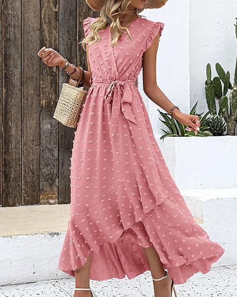 Elena – V-hals Maxi zomer jurk met ruches en strikceintuur in de taille