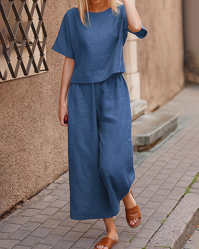 Andrea – Katoenen Loungeset met korte mouwen lange broek en losse pasvorm