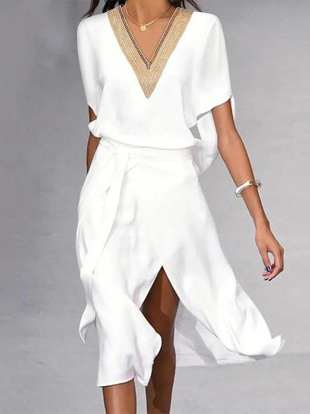 Elise – witte midi-jurk van viscose met V-hals en frontsplit