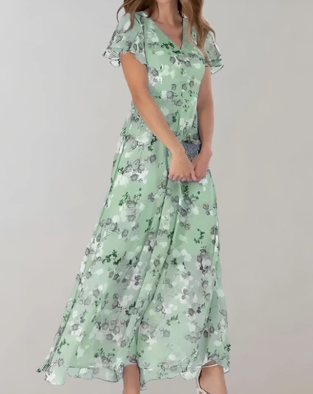 Elena – Getailleerde Chiffon Bloemenprint Maxi Jurk