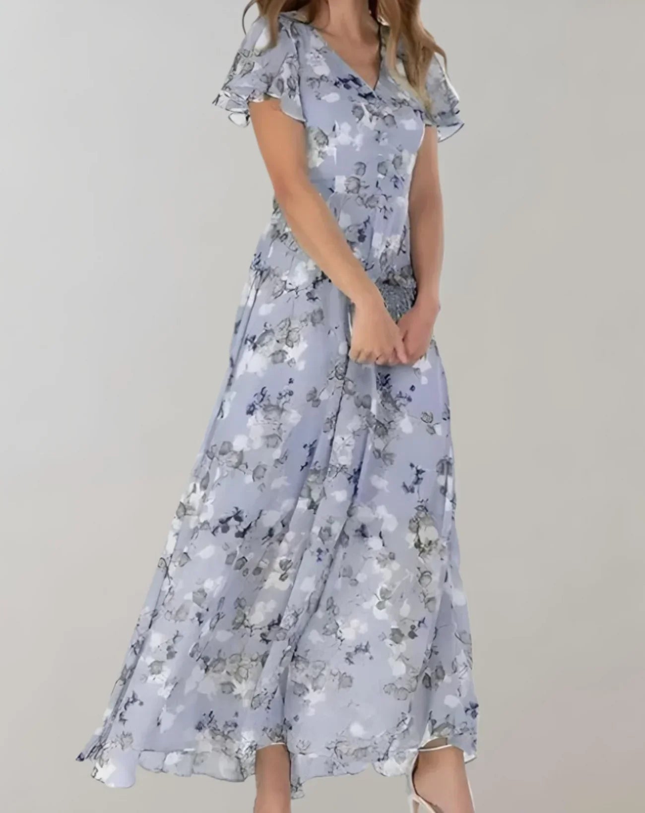Elena – Getailleerde Chiffon Bloemenprint Maxi Jurk