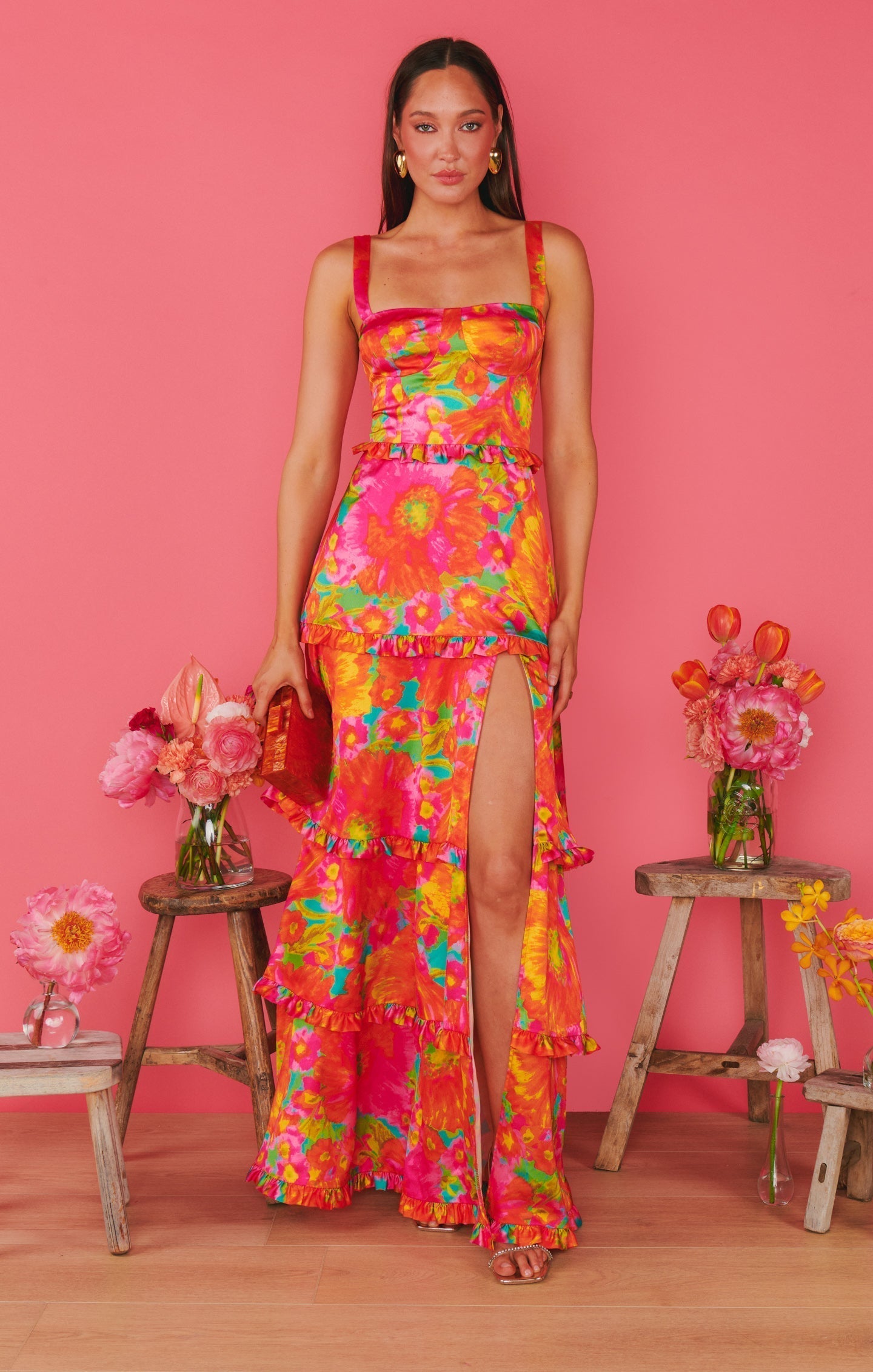 Flore – Bloemenprint maxi-jurk met split en ruches
