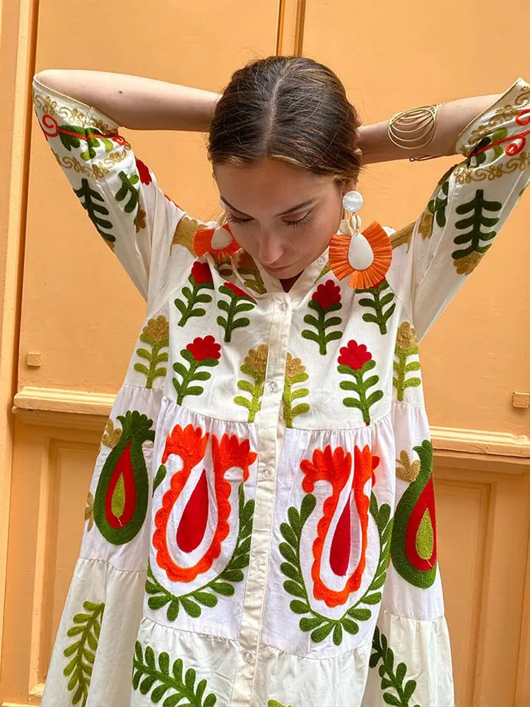Olivia - Patchwork Maxi Jurk net lange mouwen