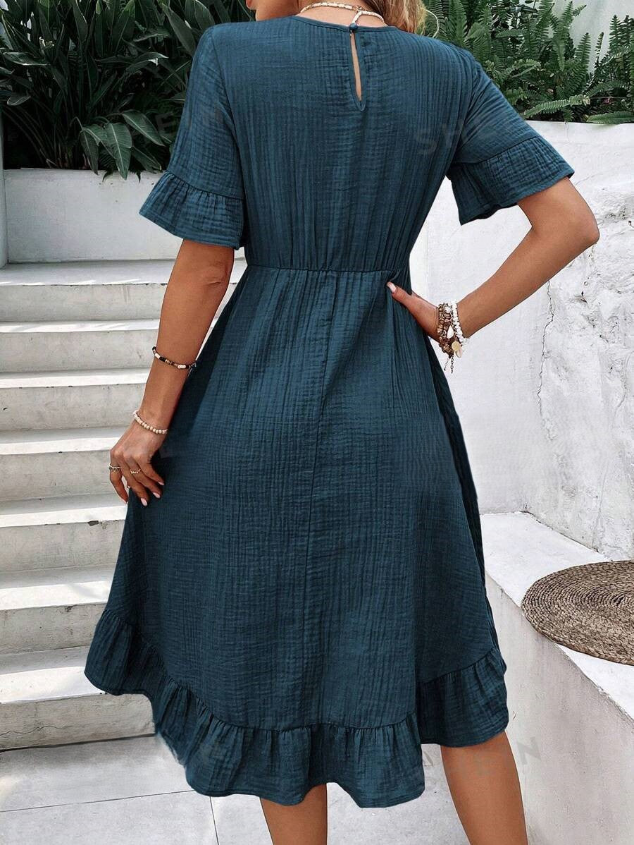 Maya – Zomer midi-jurk van chiffon met ruchemouwen en V-hals