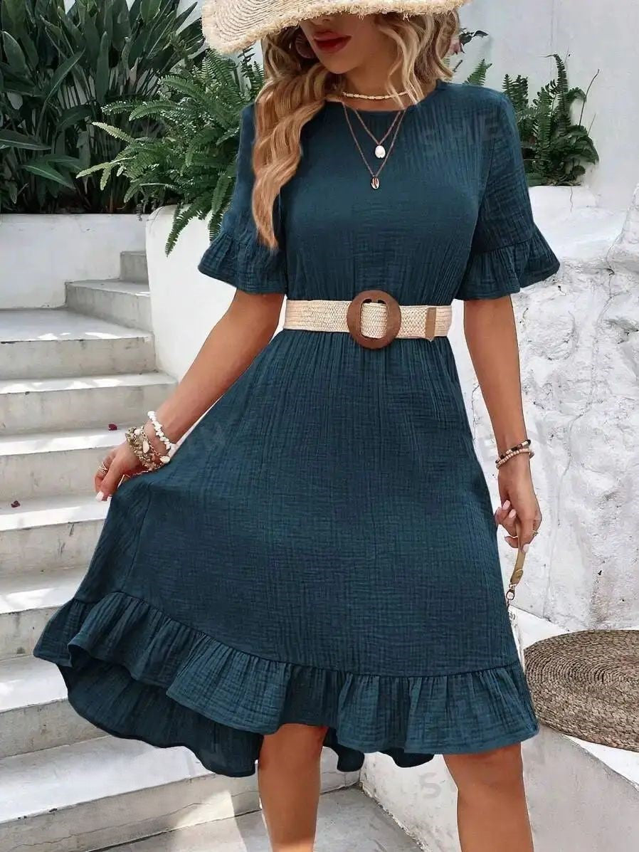 Maya – Zomer midi-jurk van chiffon met ruchemouwen en V-hals