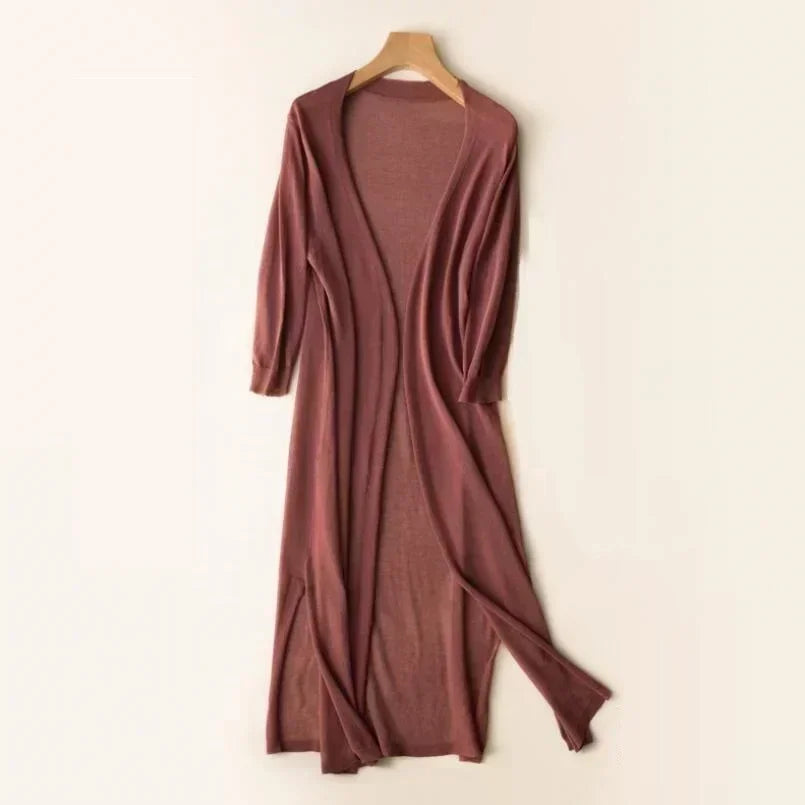 Elin – lange open cardigan vest met driekwartmouwen in lichtgewicht gebreid materiaal