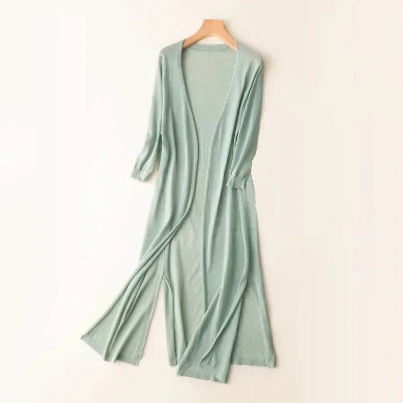 Elin – lange open cardigan vest met driekwartmouwen in lichtgewicht gebreid materiaal