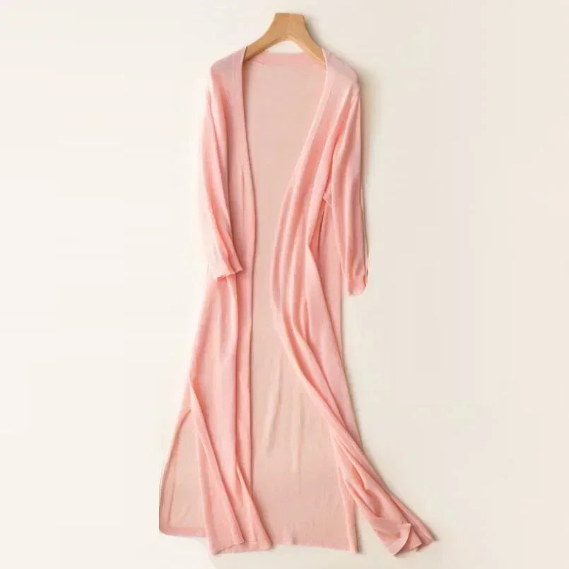 Elin – lange open cardigan vest met driekwartmouwen in lichtgewicht gebreid materiaal